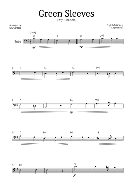"Green Sleeves" - Beautiful easy version for TUBA SOLO. image number null