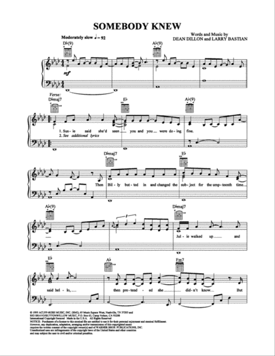 Somebody Knew Somebody Knew Piano, Vocal, Guitar scores gallery preview page 1