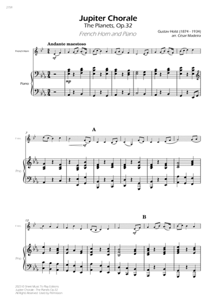 Jupiter Chorale from The Planets - French Horn and Piano (Full Score and Parts) image number null