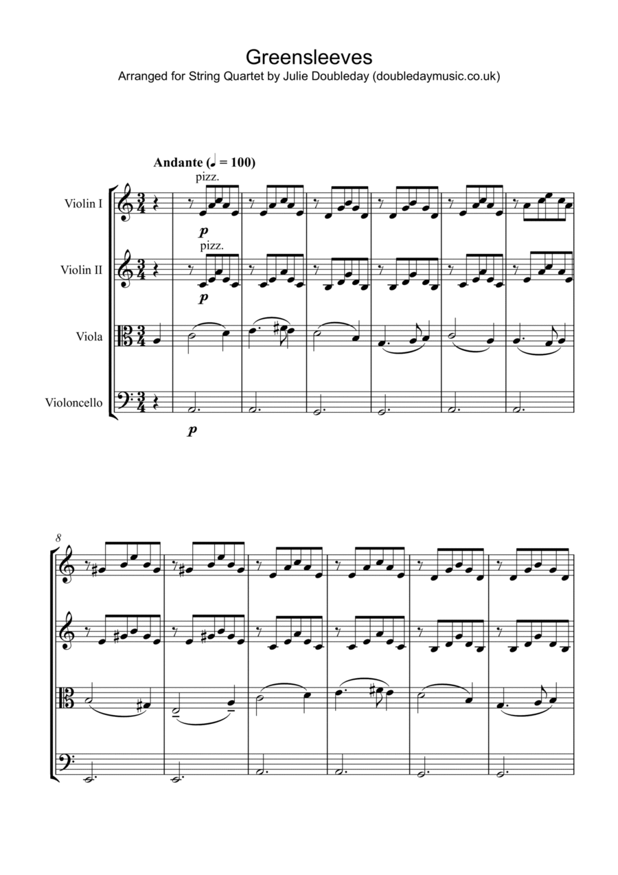 Greensleeves for String Quartet - Score and Parts String Quartet scores gallery preview page 1