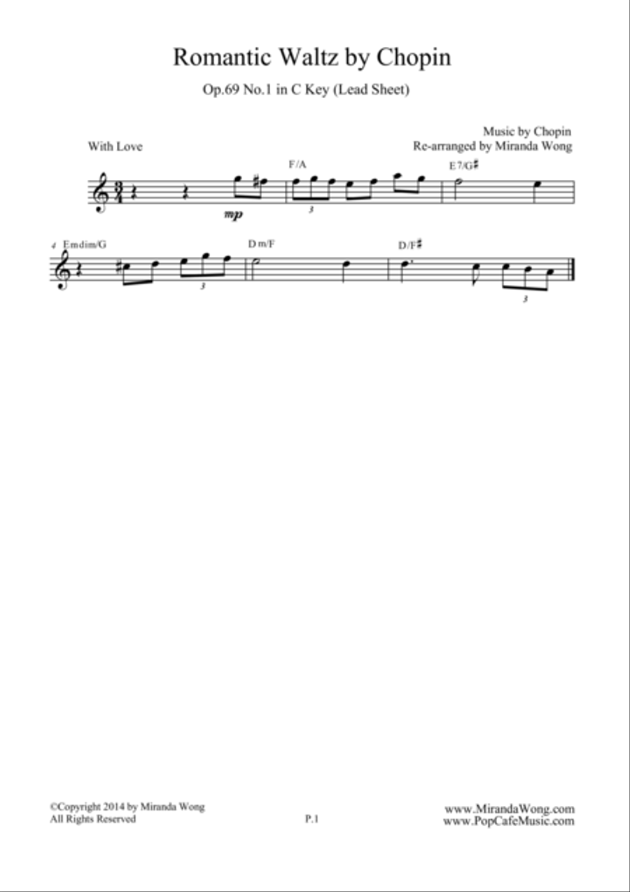 Romantic Waltz Op.69 No.1 in C Key - Chopin (Lead Sheet) Small Ensemble scores gallery preview page 1