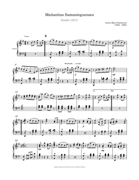 Mañanitas Samanieguenses - Pasillo for Piano image number null