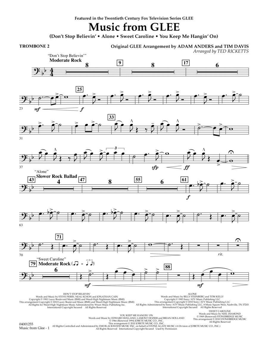 Music from Glee - Trombone 2 Concert Band scores gallery preview page 1
