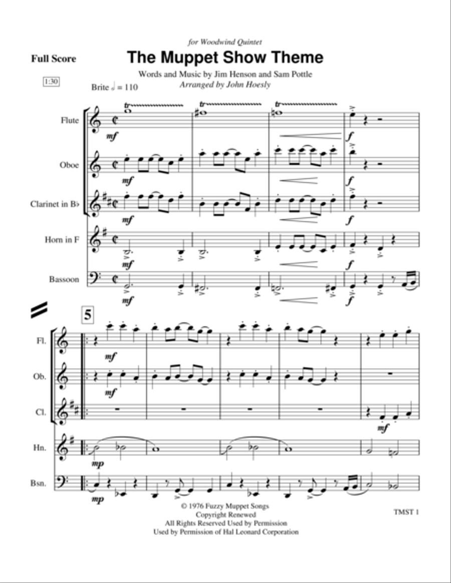 The Muppet Show Theme The Muppet Show Theme Woodwind Quintet scores gallery preview page 1