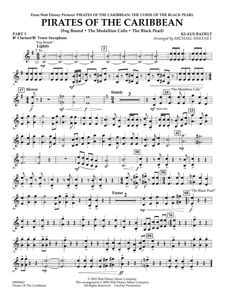 Pirates Of The Caribbean - Pt.3 - Bb Clarinet/Tenor Sax Concert Band scores gallery preview page 1