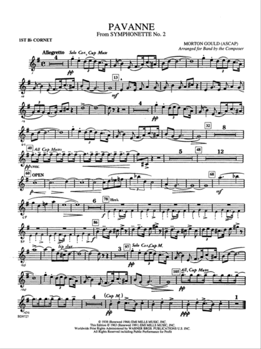 Pavanne (from Symphonette No. 2): 1st B-flat Cornet Concert Band scores gallery preview page 1