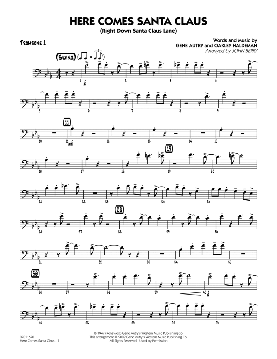 Here Comes Santa Claus (Right Down Santa Claus Lane) - Trombone 1 Trombone scores gallery preview page 1