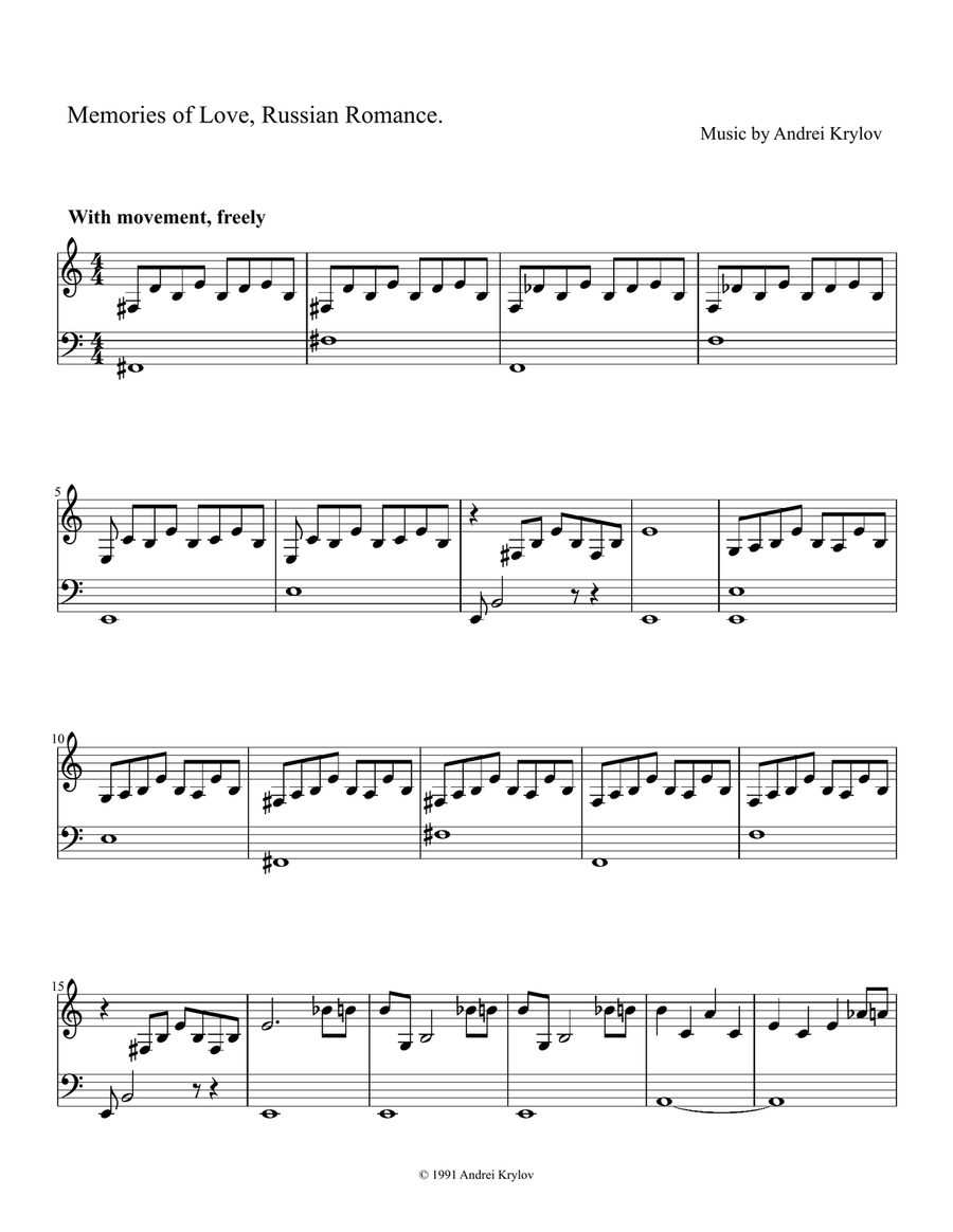 Memories of Love, Russian Romance.Piano version. Music by Andrei Krylov Easy Piano scores gallery preview page 1
