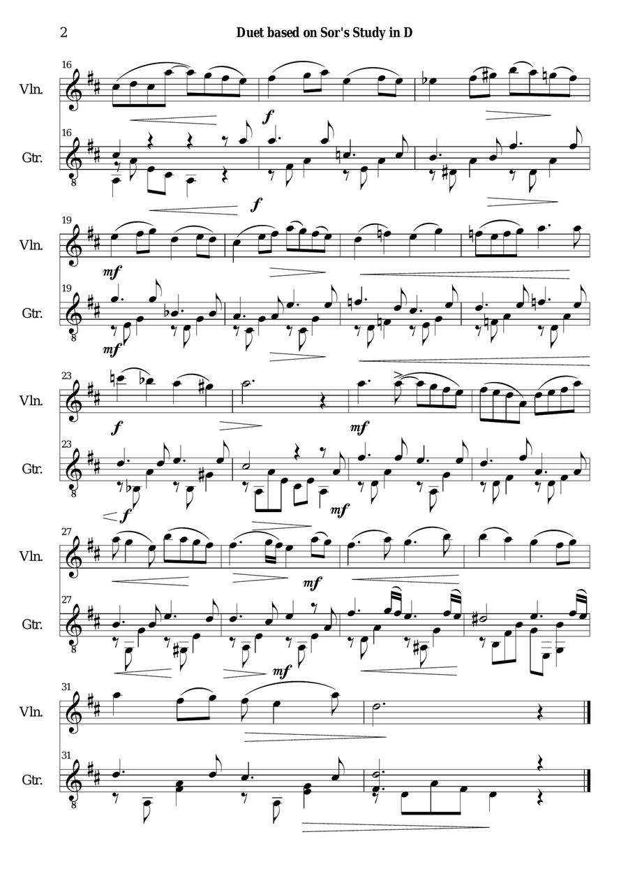Study in D for guitar with added tune for violin String Duet scores gallery preview page 2