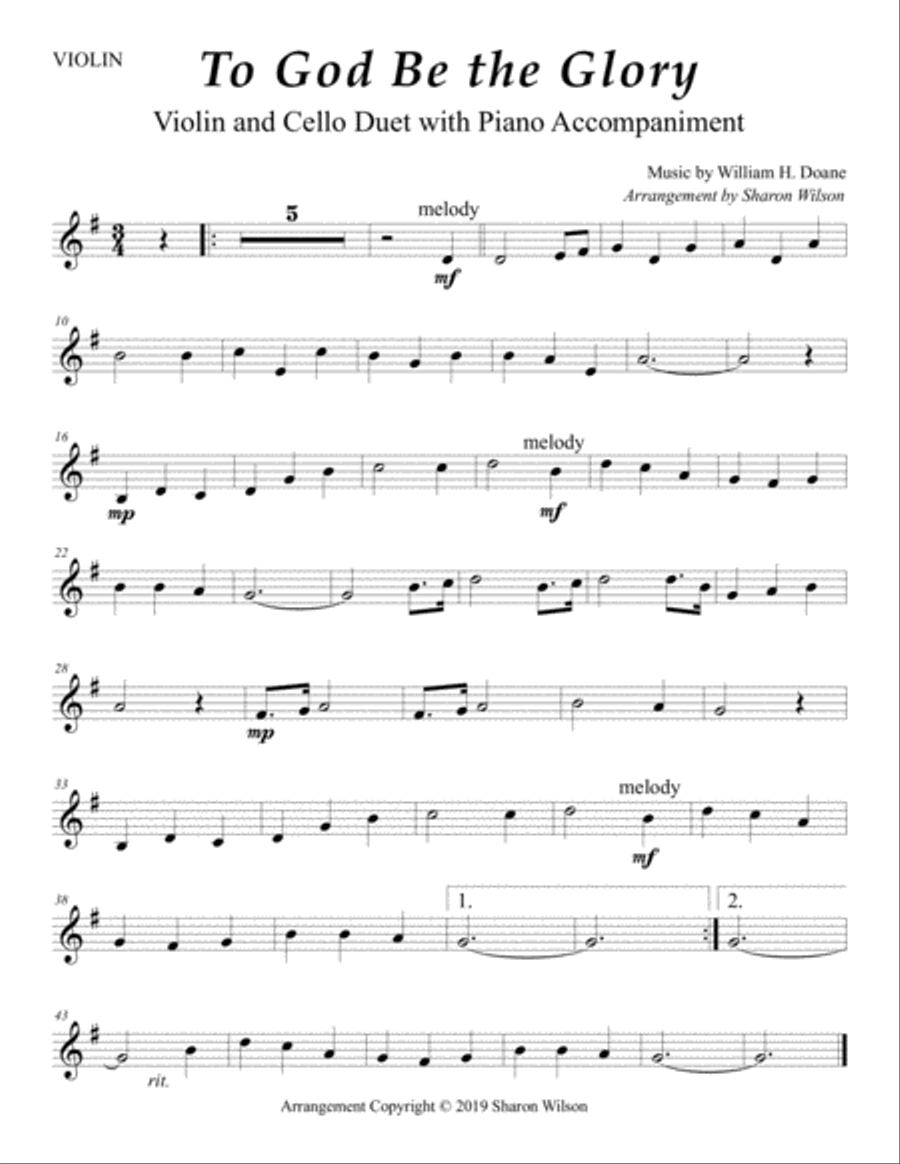 To God Be the Glory (Easy Violin and Cello Duet with Piano Accompaniment) Piano Trio scores gallery preview page 2