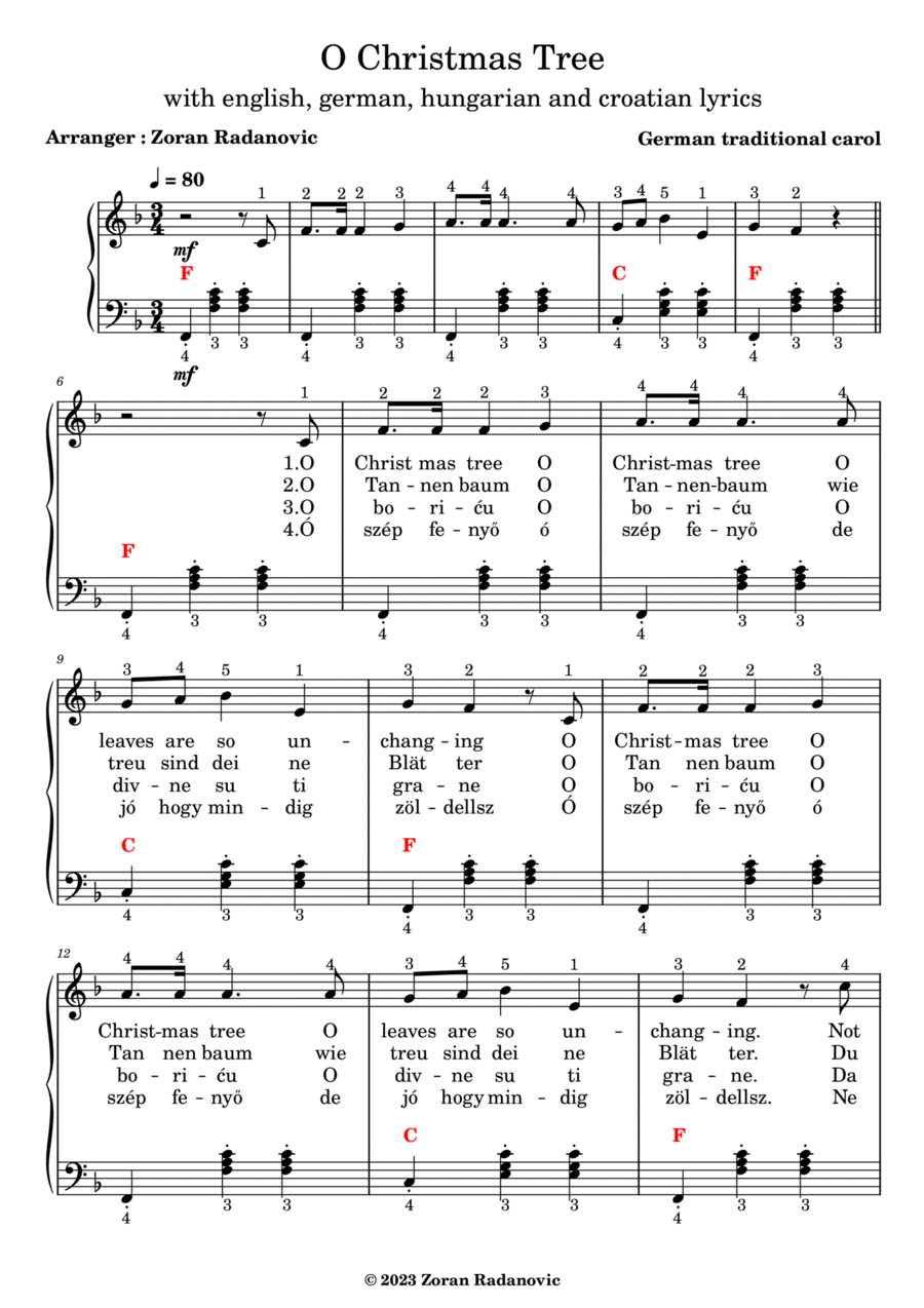 0 Christmas tree - for accordion beginner with GB, D, HR, H lyrics Accordion scores gallery preview page 1