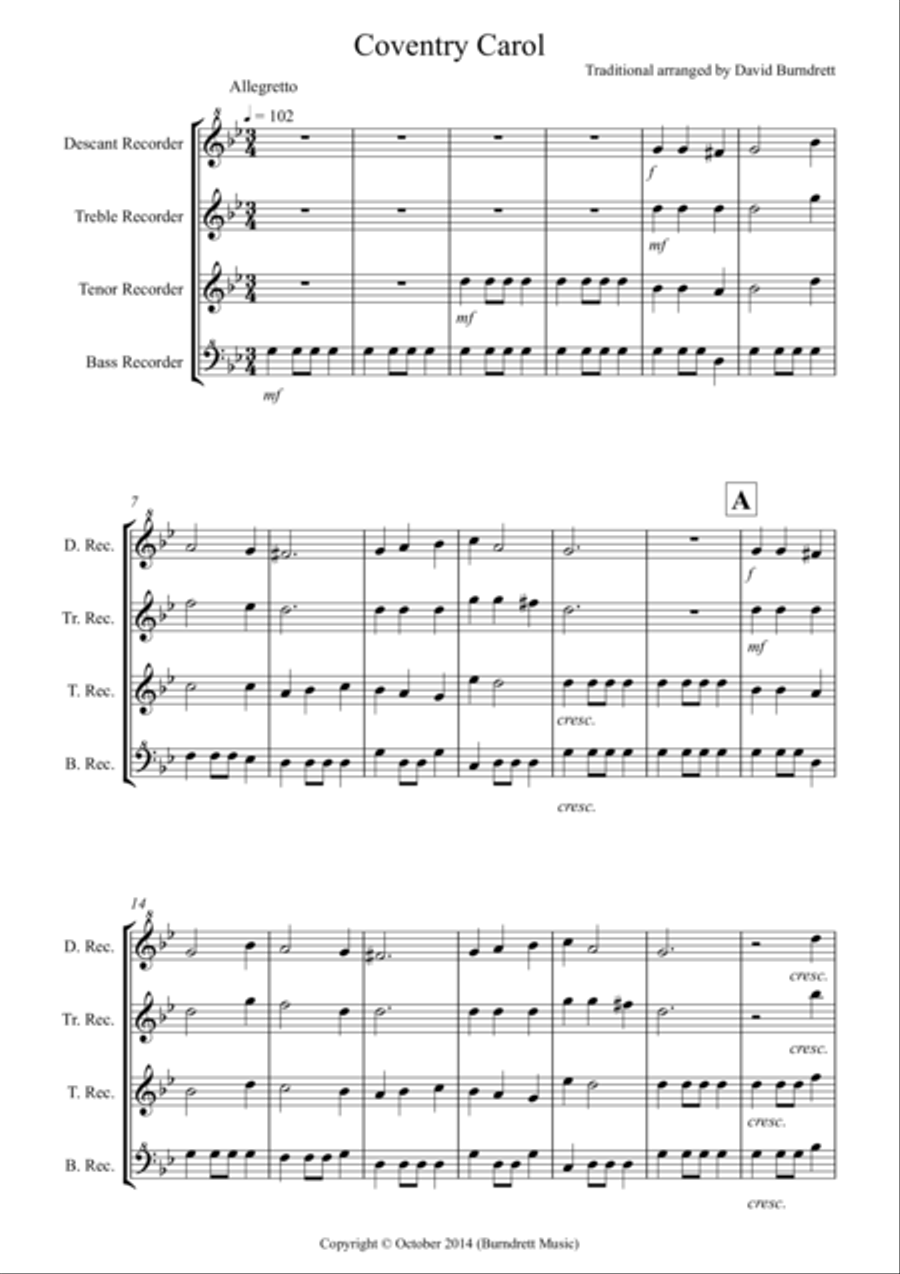 Coventry Carol for Recorder Quartet Recorder scores gallery preview page 1