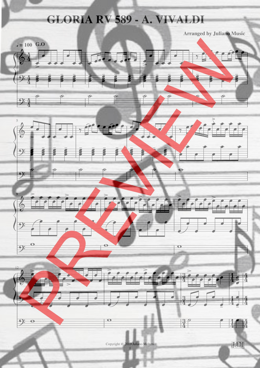 GLORIA RV.589 (EASY ORGAN - C VERSION) - A. VIVALDI Organ Solo scores gallery preview page 2
