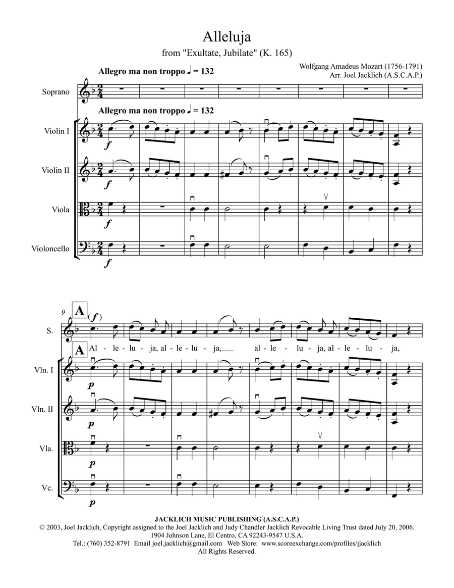 Alleluja from Exultate Jubilate, K. 165 (for Soprano and String Quartet) String Quartet scores gallery preview page 1