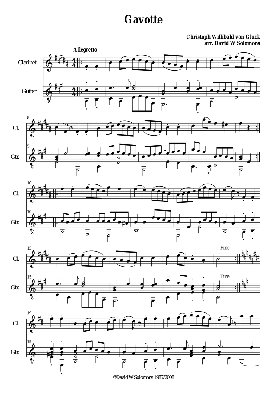 Gavotte in A major for clarinet and guitar Clarinet scores gallery preview page 1