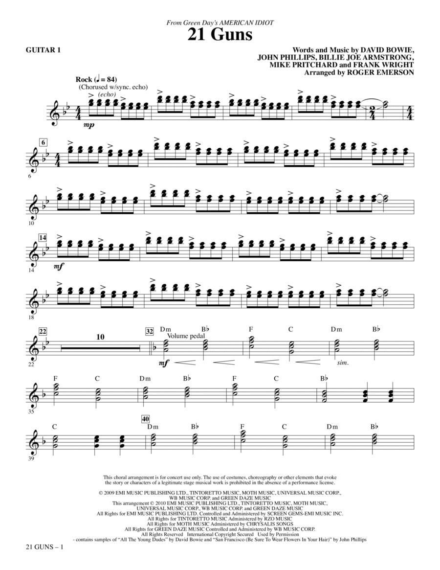 21 Guns (from American Idiot) (arr. Roger Emerson) - Guitar 1 Choir scores gallery preview page 1