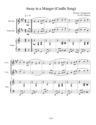 Away in a Manger (Cradle Song) for alto and tenor sax duet with piano accompaniment