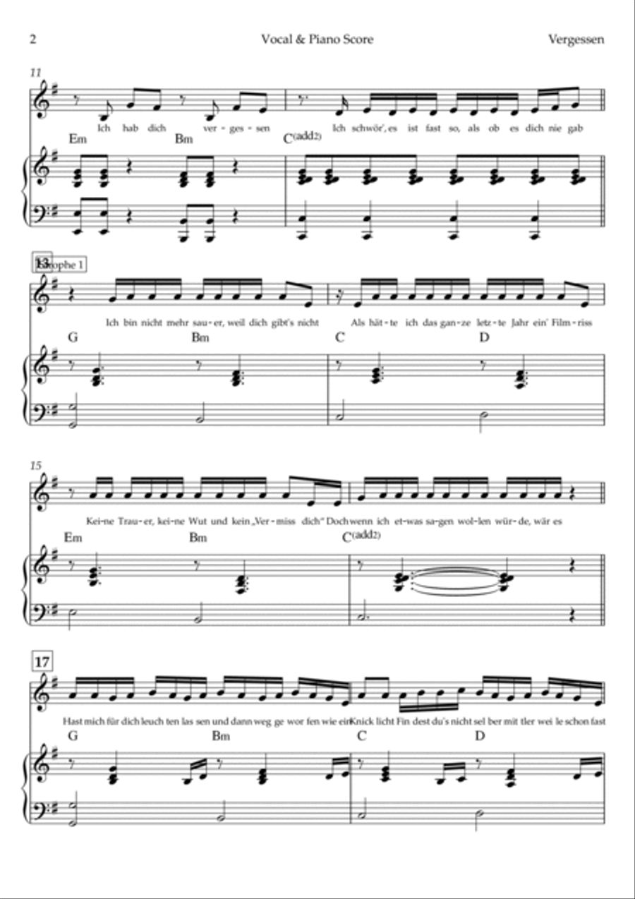 Vergessen Piano, Vocal, Guitar scores gallery preview page 2