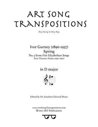 Book cover for GURNEY: Spring (transposed to D major)