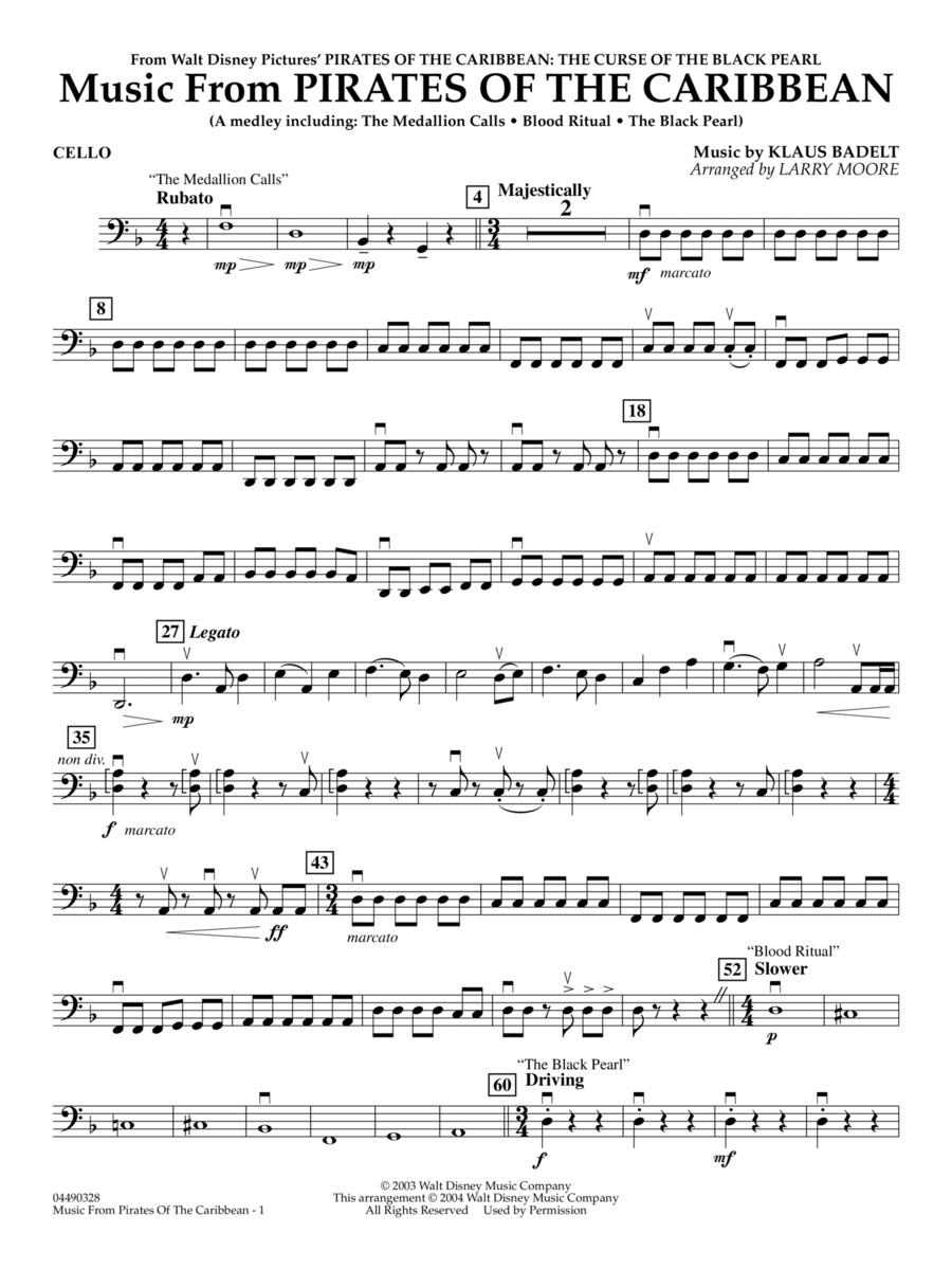 Book cover for Music from Pirates Of The Caribbean (arr. Larry Moore) - Cello