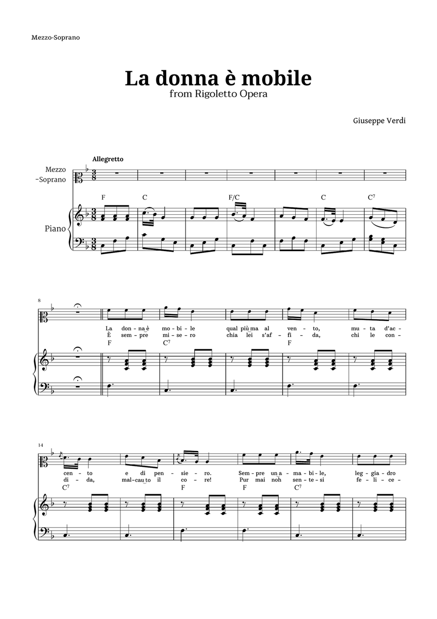 La donna è mobile in F major for Mezzo Soprano and Piano Piano, Vocal scores gallery preview page 1