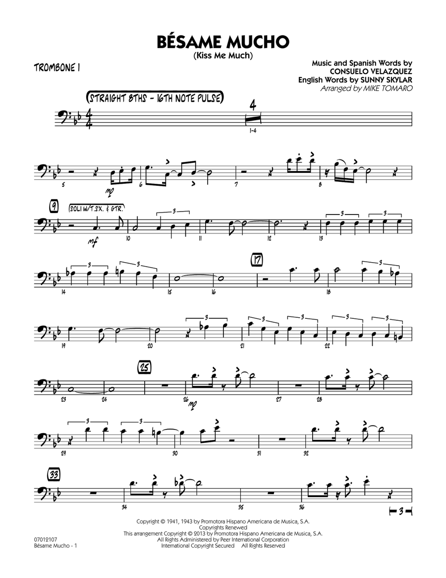 Besame Mucho (Kiss Me Much) - Trombone 1 Jazz Ensemble scores gallery preview page 1