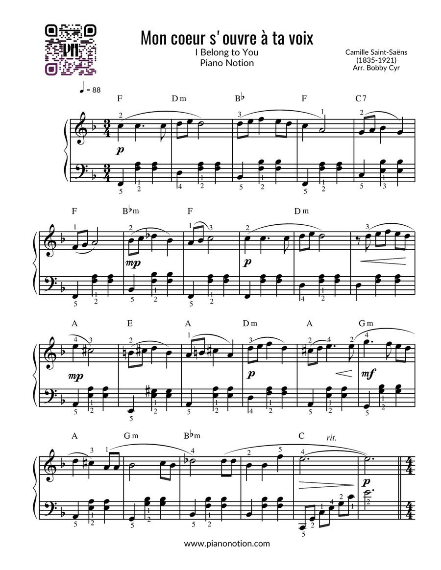 Mon coeur s'ouvre à ta voix - I Belong to You (Piano Solo) Easy Piano scores gallery preview page 1