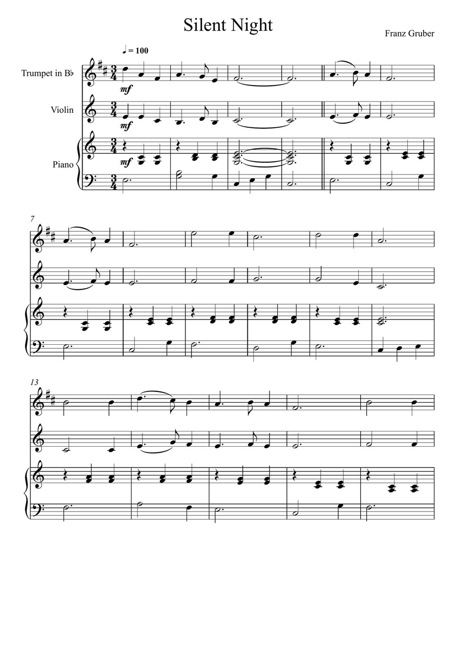 Franz Gruber - Silent Night (Trumpet and Violin Duet) Small Ensemble scores gallery preview page 1