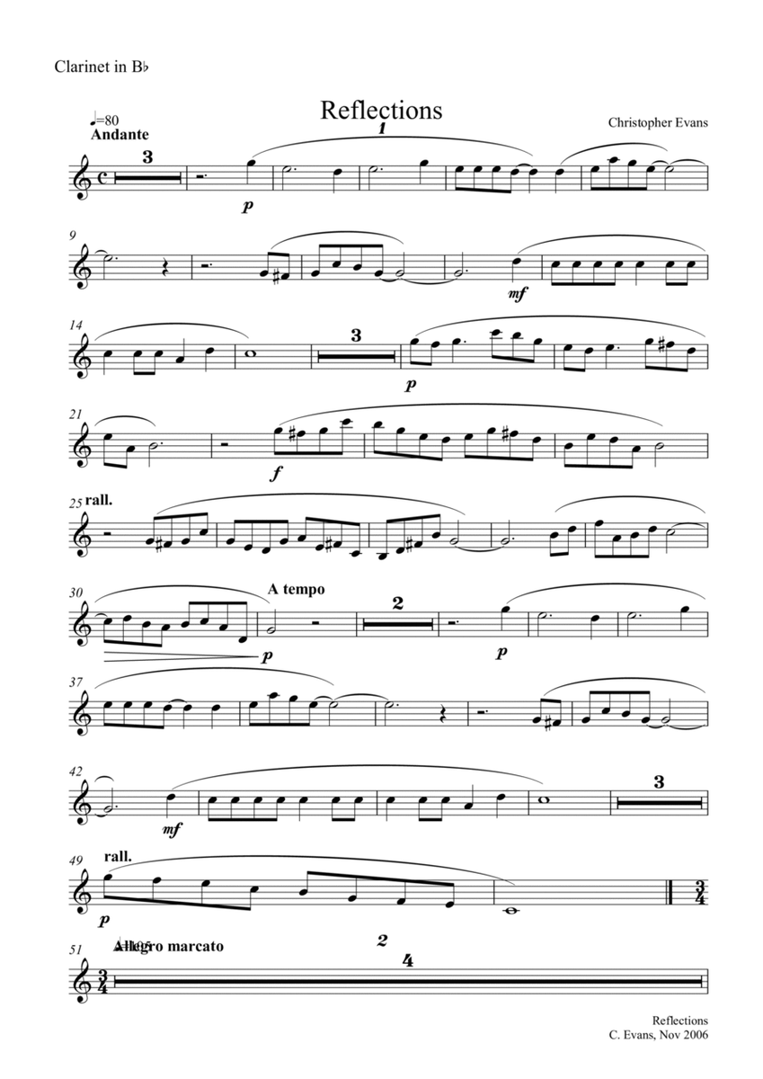 'Reflections' for Clarinet (Bb) & Piano-Solo Clarinet Part
