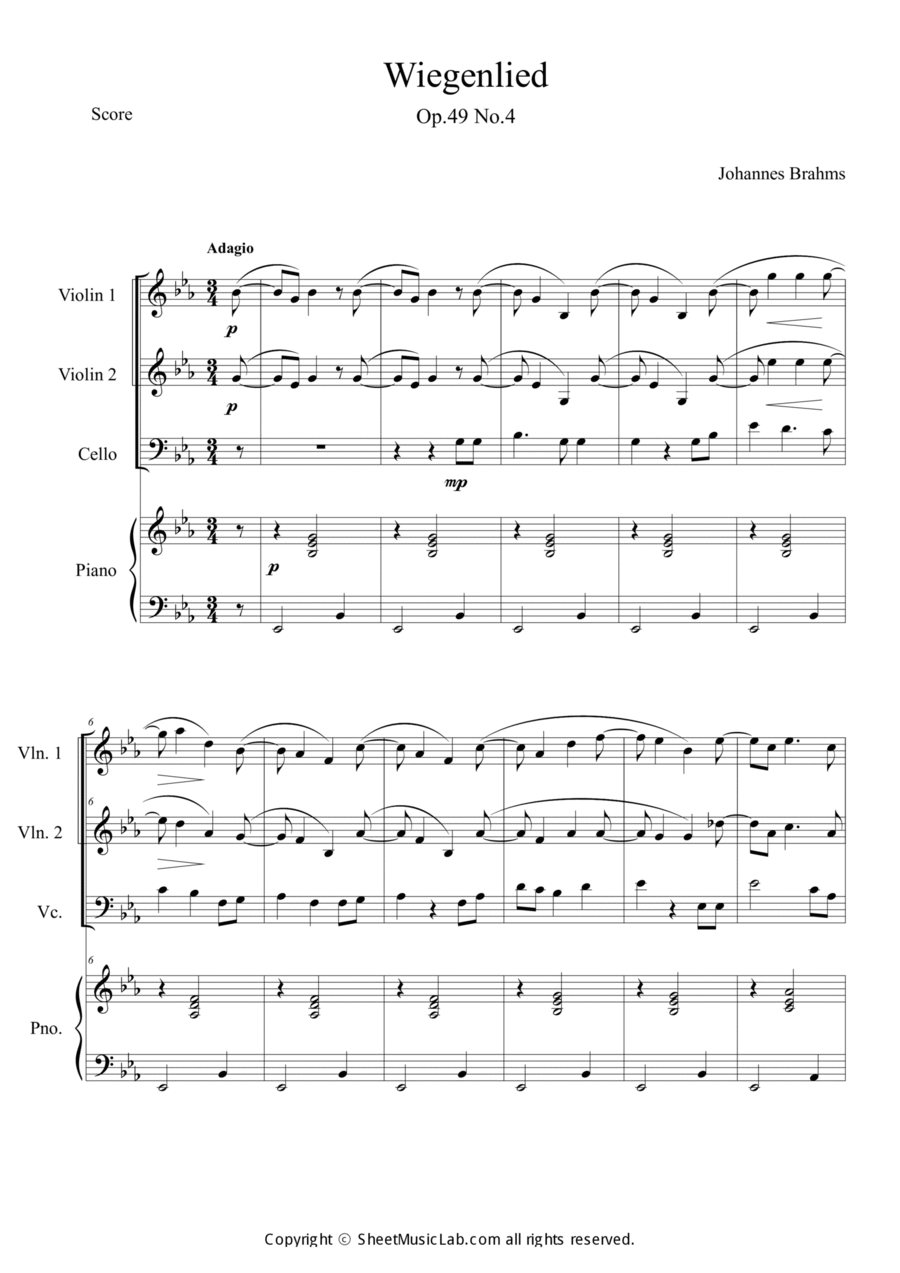 Wiegenlied Op.49, No.4 Lullaby Piano Quartet scores gallery preview page 1