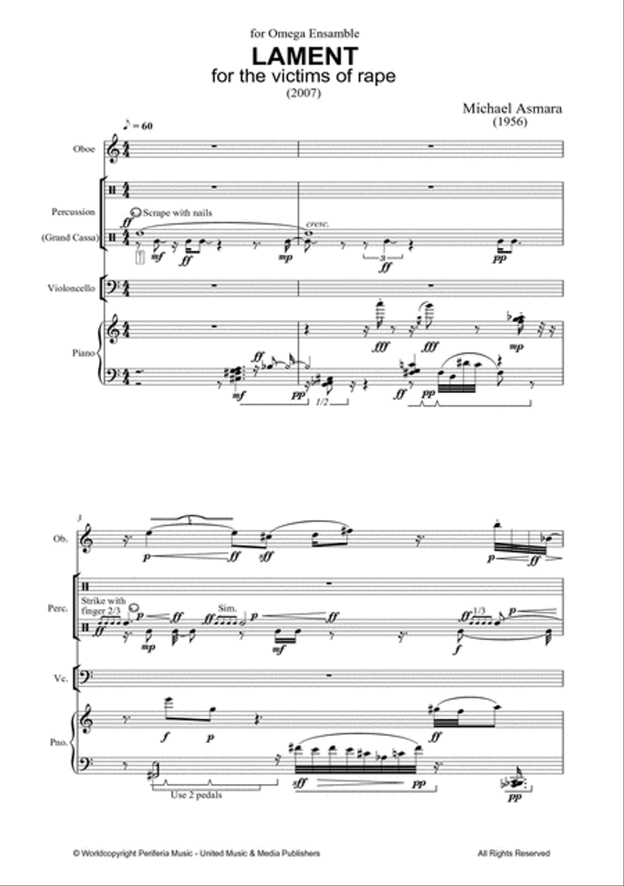 Lament for the victims of rape for Oboe, Percussion, Cello and Piano Oboe scores gallery preview page 2