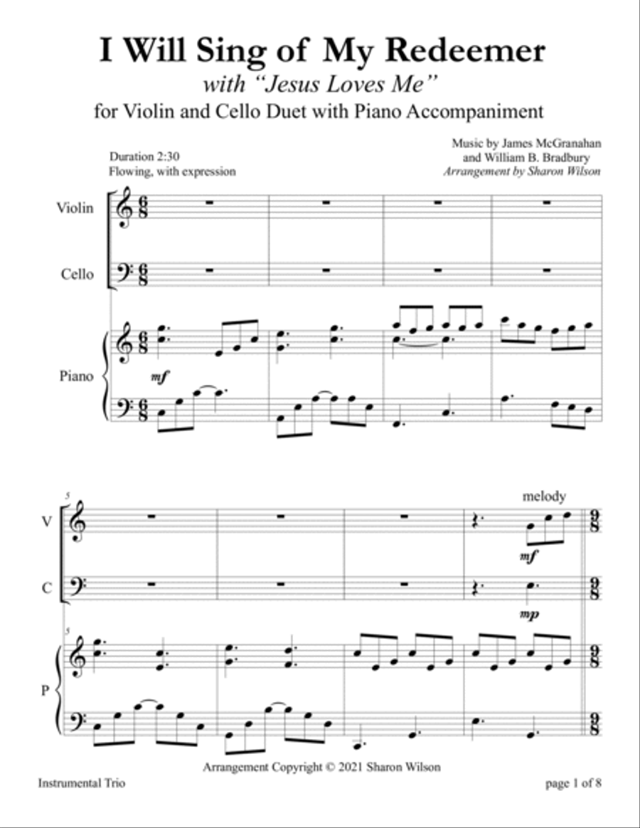 I Will Sing of My Redeemer with Jesus Loves Me (for Violin and Cello Duet with Piano accompaniment) Piano Trio scores gallery preview page 5