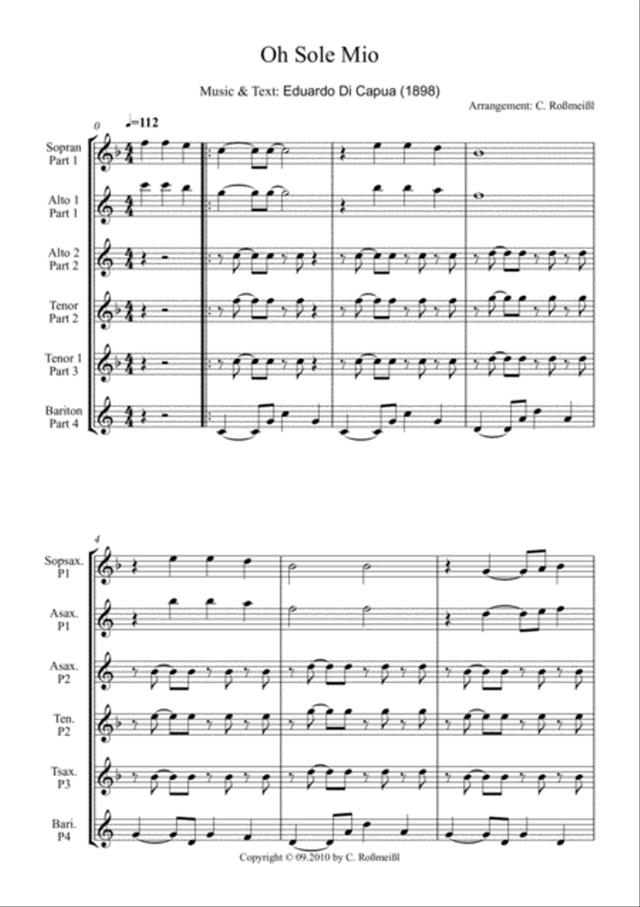 Oh Sole Mio for 4 Saxophones Saxophonquartet