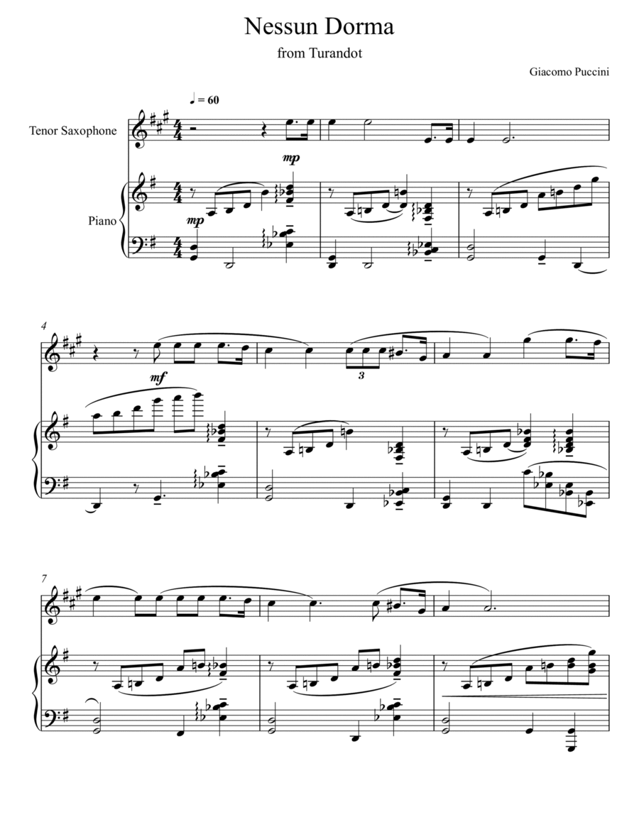 Giacomo Puccini - Nessun Dorma - Turandot (Tenor Saxophone Solo) Woodwind Duet scores gallery preview page 1