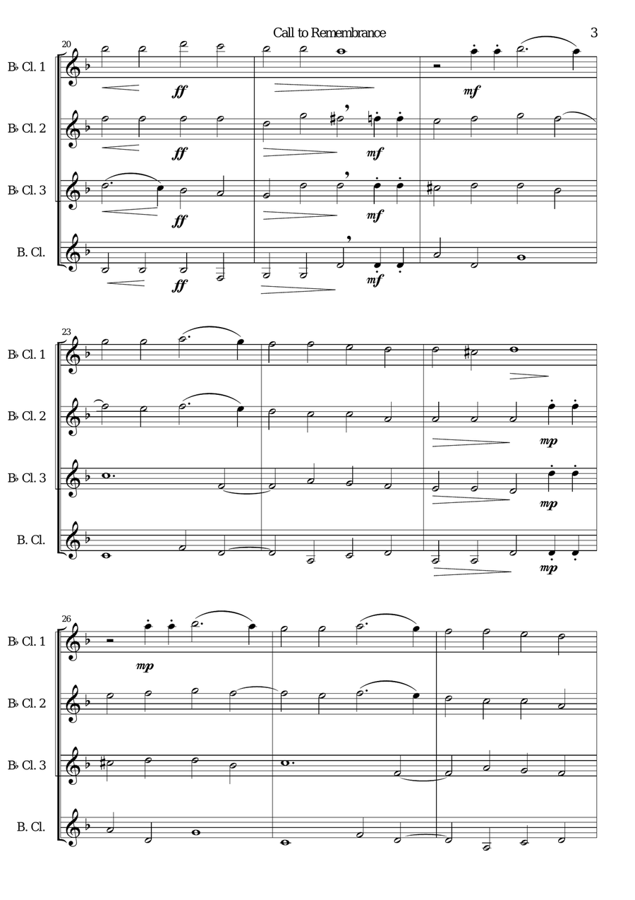 Call to remembrance for clarinet quartet (3 B flat clarinets and 1 bass or 4 B flat clarinets) Clarinet Quartet scores gallery preview page 3
