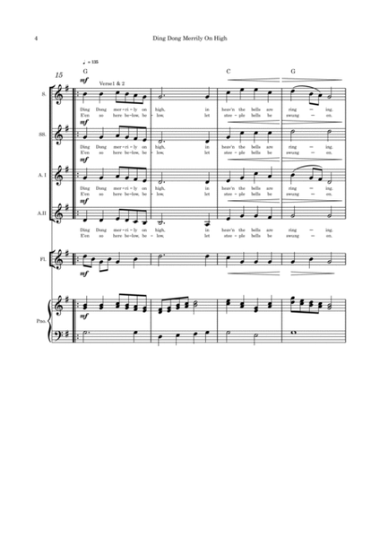 Ding Dong Merrily on High - SSAA, flute and piano image number null