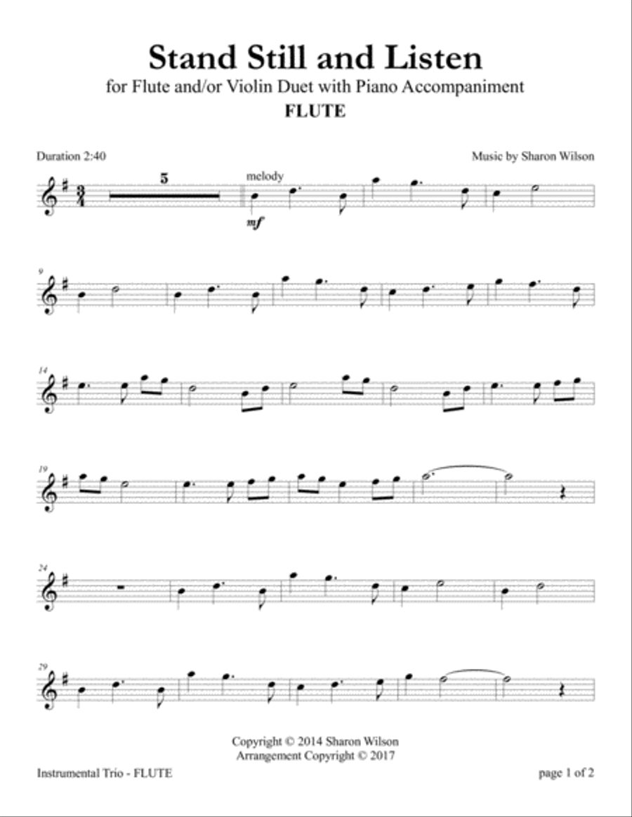 Stand Still and Listen (Flute and/or Violin Duet with Piano accompaniment) Flute scores gallery preview page 1