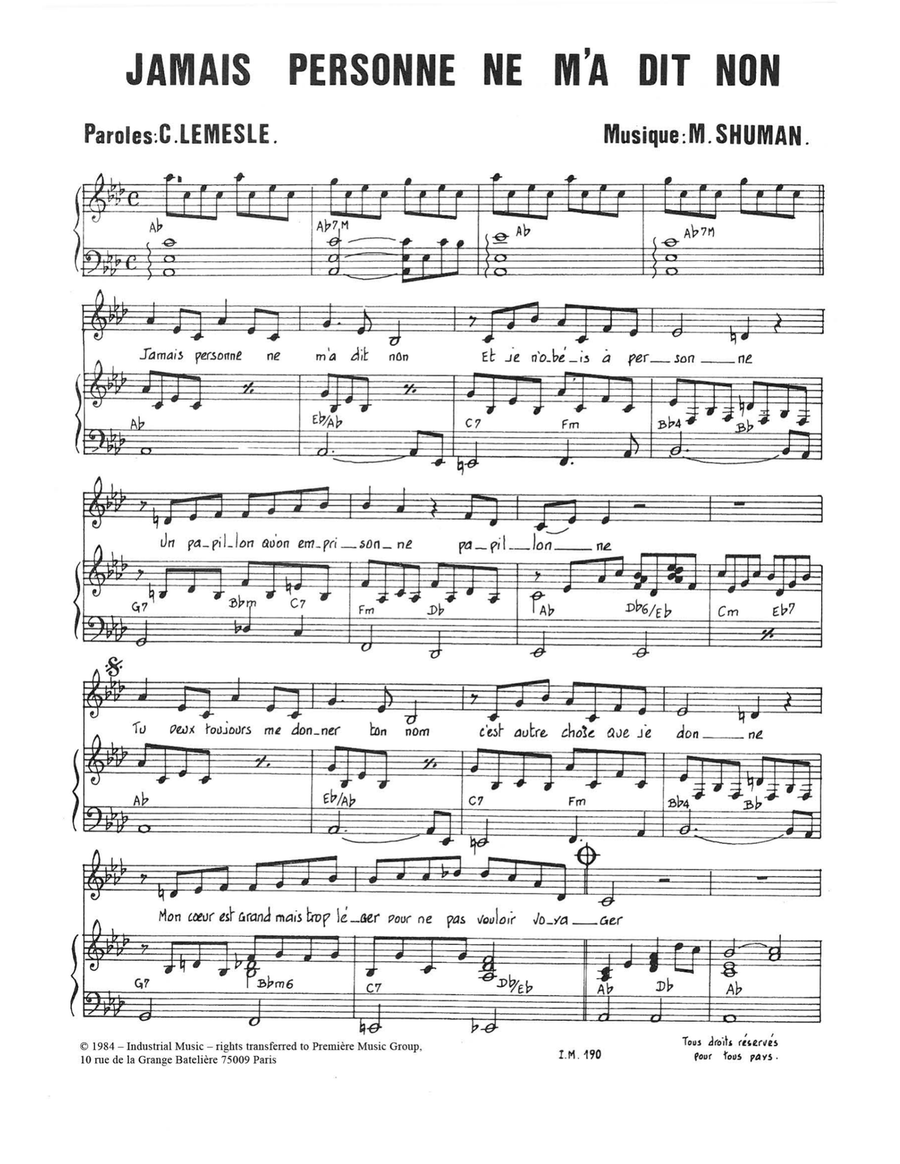 Jamais Personne Ne M'a Dit Non Piano, Vocal scores gallery preview page 1