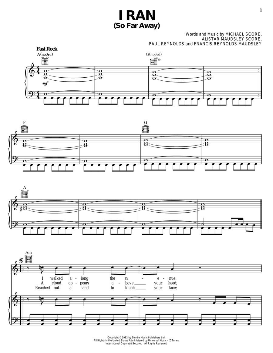 I Ran (So Far Away) Piano, Vocal, Guitar scores gallery preview page 1