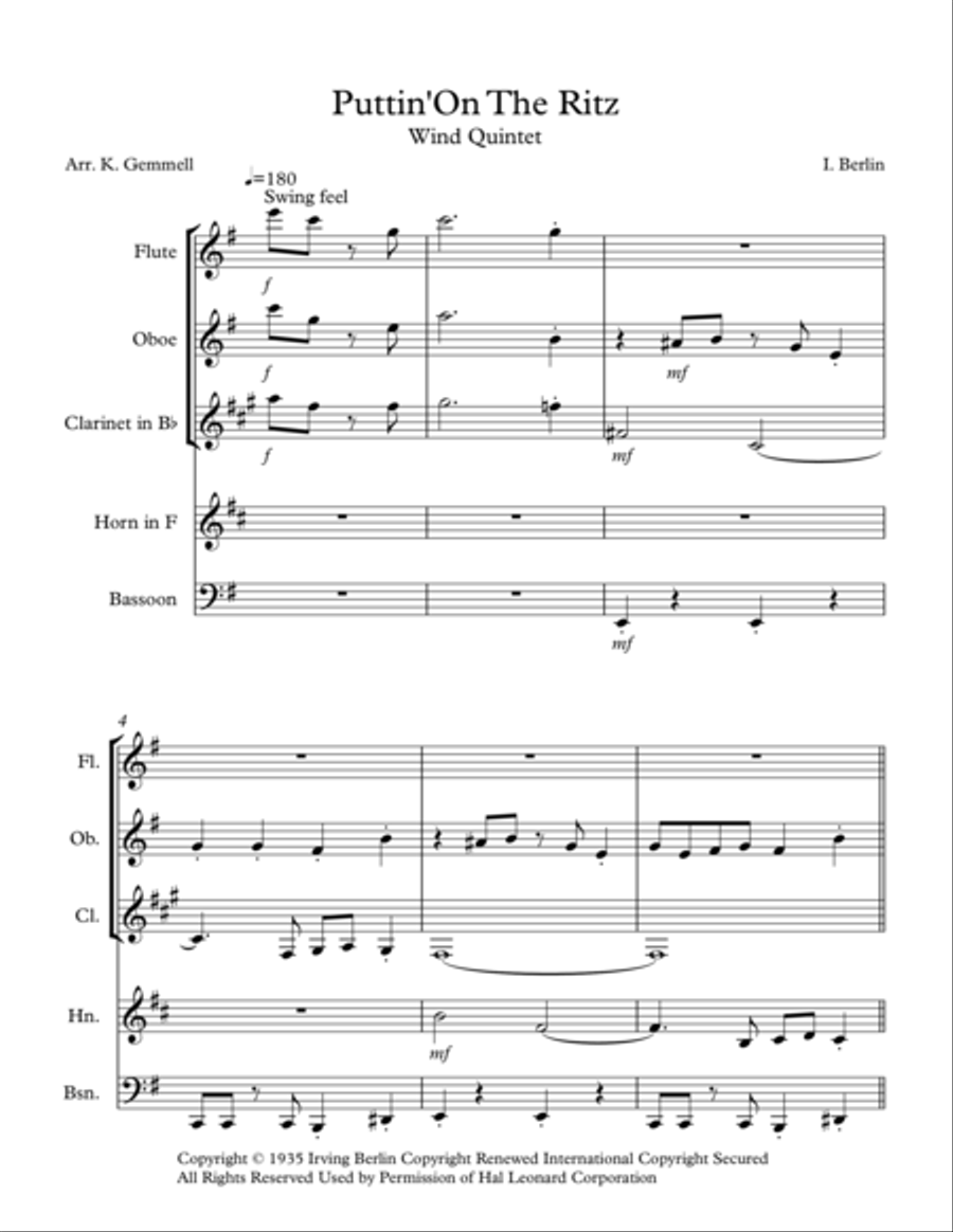 Puttin' On The Ritz Puttin' On The Ritz Woodwind Quintet scores gallery preview page 1