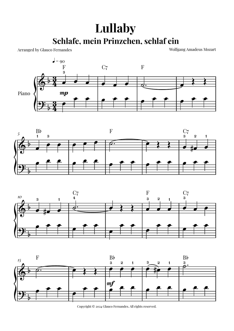 Mozart's Lullaby - Easy Piano Arrangement Piano Method scores gallery preview page 1