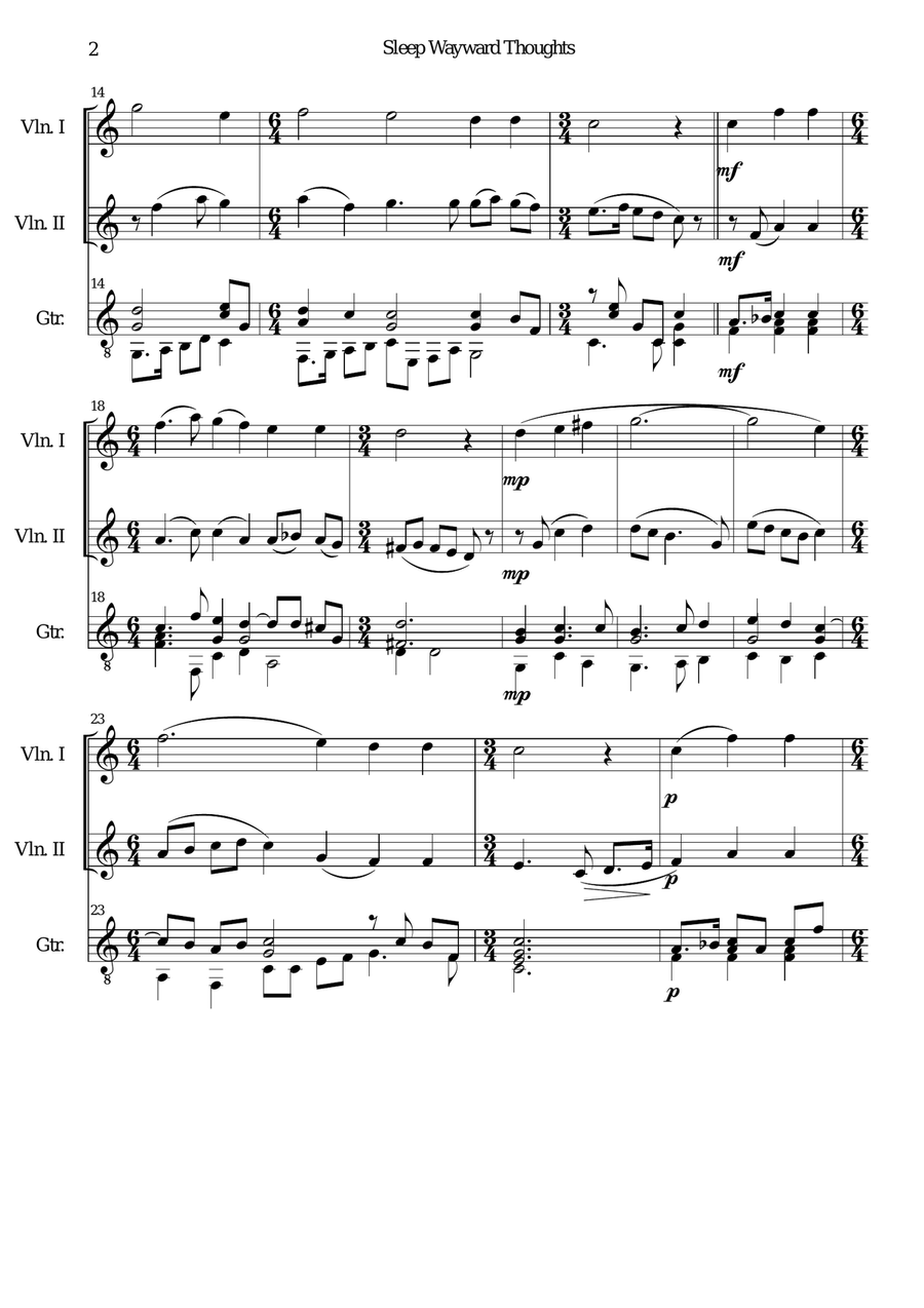 Sleep wayward thoughts for 2 violins and guitar Violin scores gallery preview page 2