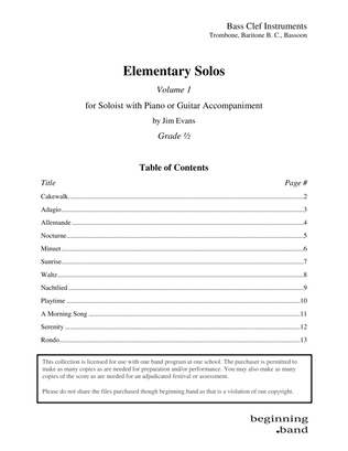 Book cover for Elementary Solos, Volume 1, for Trombone, Baritone B.C., and Bassoon