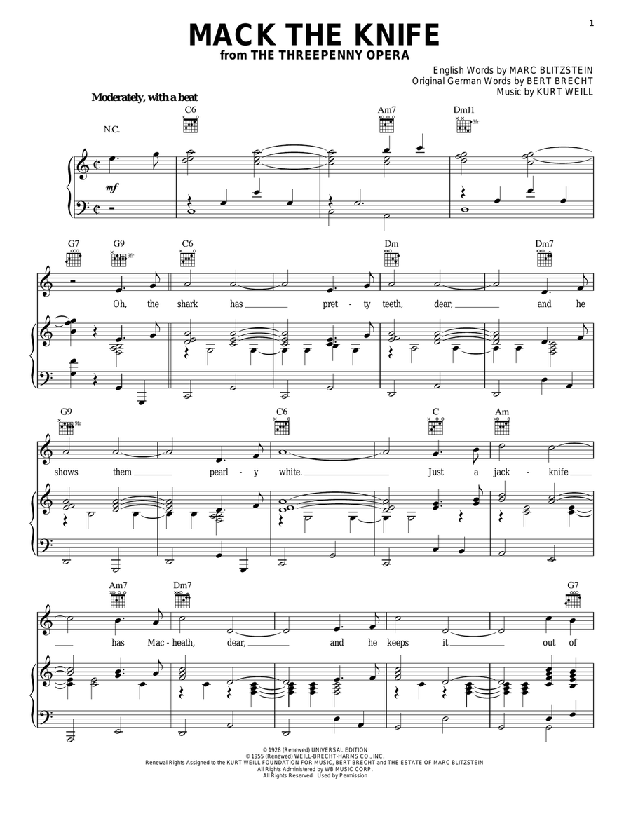 Mack The Knife Piano, Vocal, Guitar scores gallery preview page 1