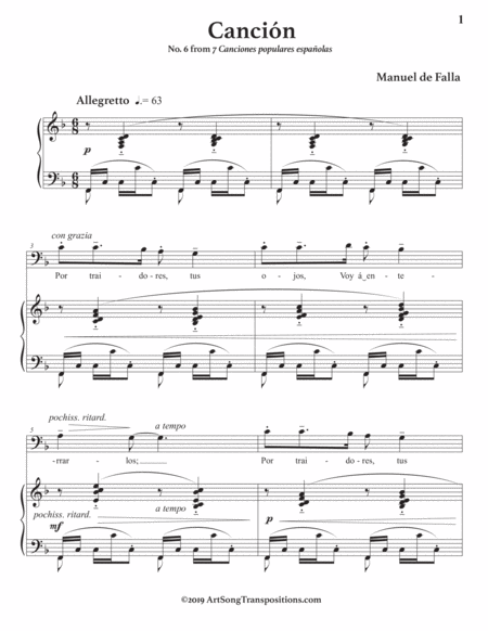 DE FALLA: Canción (transposed to F major, bass clef)
