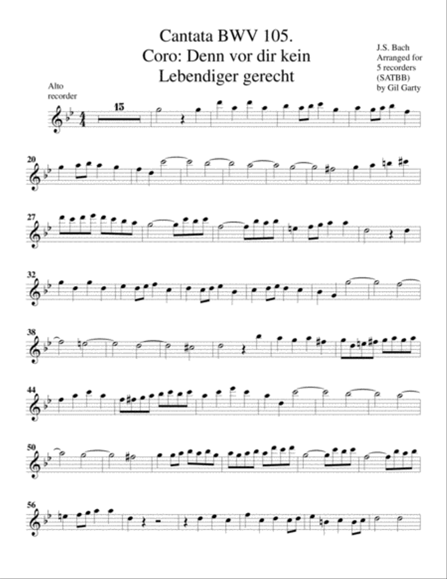 Coro: Denn vor dir wird kein Lebendiger gerecht from Cantata BWV 105 (arrangement for 5 recorders)