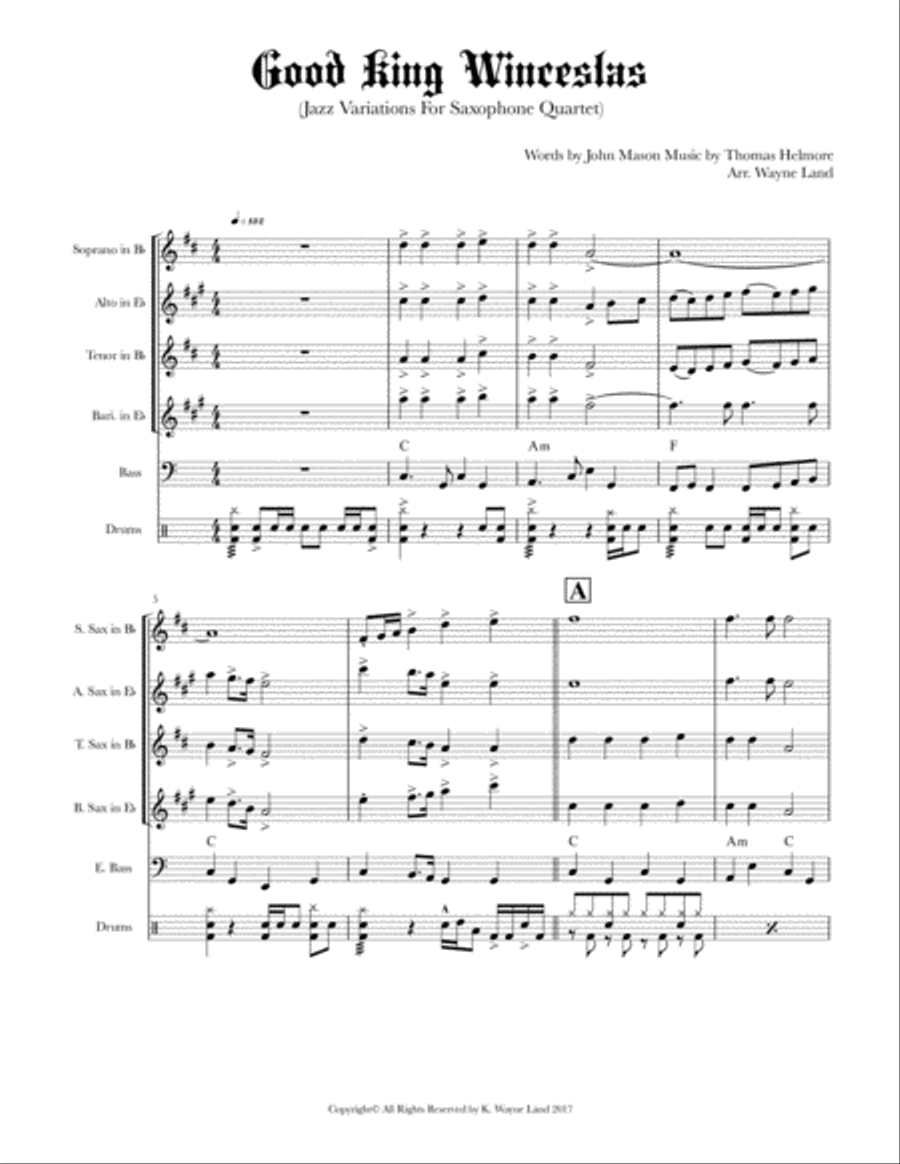 Good King Wenceslas (Variations for Jazz Saxophone Quartet) Saxophone Quartet scores gallery preview page 2