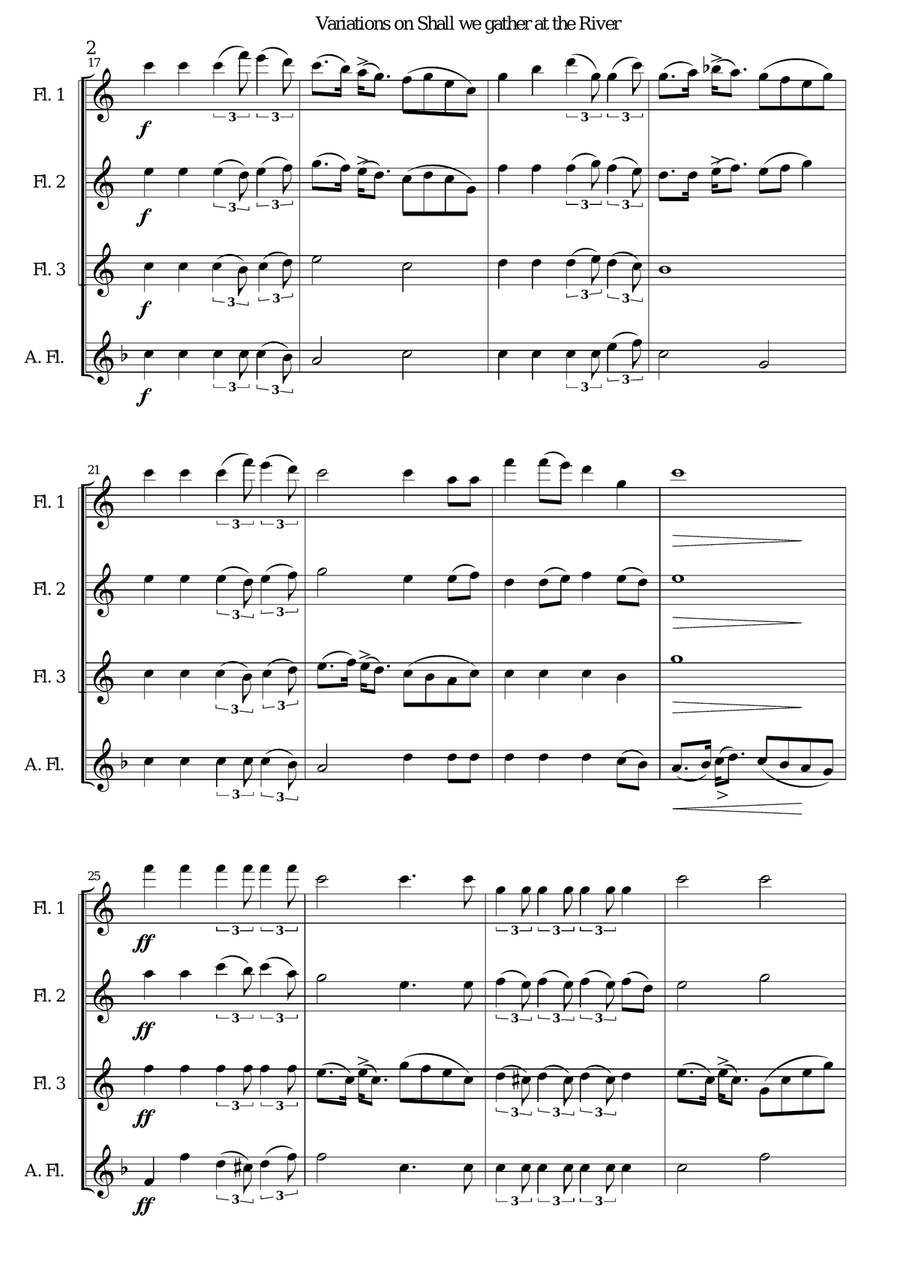 Variations on Shall we gather at the river for flute quartet (3 flutes and 1 alto flute) Flute Quartet scores gallery preview page 2