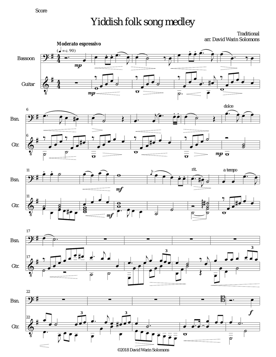 Yiddish Folk Song Medley for Bassoon and Guitar Bassoon scores gallery preview page 1