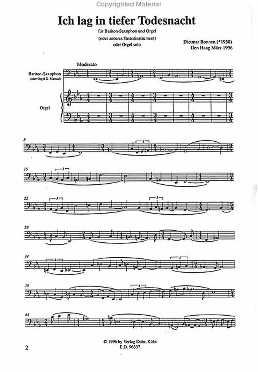 Ich lag in tiefer Todesnacht für Bariton-Saxophon und Orgel (od. anderes Tasteninstrument) oder Orgel solo (1996)